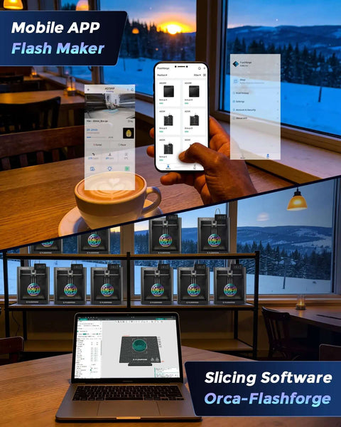 Mobile APP Flash Maker and Orca-Flashforge Slicing Software displayed on smartphone and laptop in a cozy coffee shop setting.