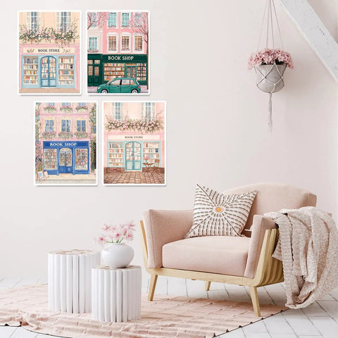 Wall display of 4 Pack Bookstore Diamond Art Kits For Adults, 5D pink book shop scenes, 12x16 full drill decor for creative projects