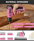 157 Piece Pink Cordless Drill Tool Set With LED Light And Variable Speed, showing drill in hand and various drill bits for home use.