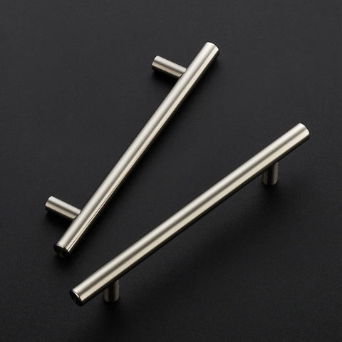 Two stainless steel cupboard handles with a brushed nickel finish, part of the 30 Pack Brushed Nickel Cabinet Pulls 7-3/8 Inch Total Length.