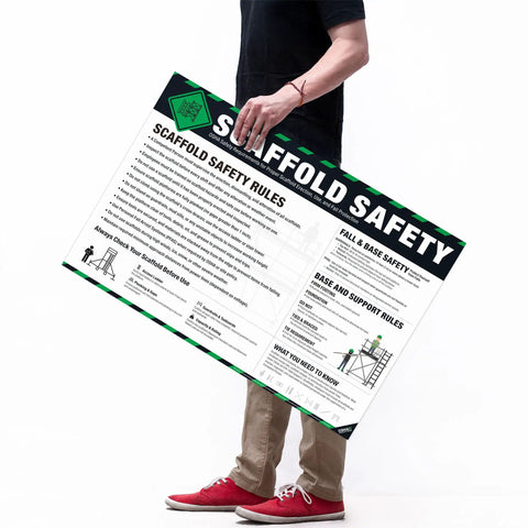 Must Have Scaffold Safety Poster For Job Sites OSHA 1926 Subpart L Fall Protection Base And Support Requirements Construction Site Safety Training Chart For Jobsite Compliance And Erection Use Inspection, 18x24 inches, held by person
