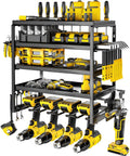 Rock Solid Five Tier Wall Mount Power Tool Organizer Rack For Garage Storage that holds drills, hammers, and pliers in heavy steel frame.