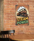 Old School Cool Dope Retro Steam Locomotive Metal Sign For Living Rooms Cafes Garages Vintage Tin Decor 12 x 8 Inches Durable Iron With High Resolution Print And Long Lasting Color on a brick wall above a cafe table and chair, featuring vivid colors and steam power design.