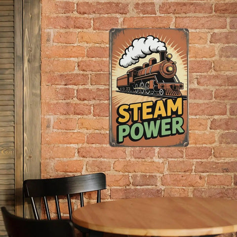 Old School Cool Dope Retro Steam Locomotive Metal Sign For Living Rooms Cafes Garages Vintage Tin Decor 12 x 8 Inches Durable Iron With High Resolution Print And Long Lasting Color on a brick wall above a cafe table and chair, featuring vivid colors and steam power design.