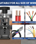 Drill Powered Copper Wire Stripping Tool for 16AWG to 300MCM copper wires, heavy-duty aluminum alloy, shown with wire samples