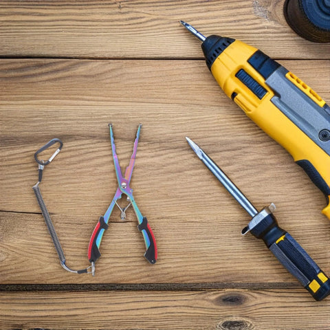Multifunctional long-nose fishing pliers with rainbow finish and lanyard, on wood alongside a yellow drill.