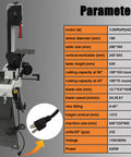 Heavy Duty Benchtop Horizontal Vertical Bandsaw, 110V 1/2HP Metal Cutting Saw with specifications chart and electrical plug.