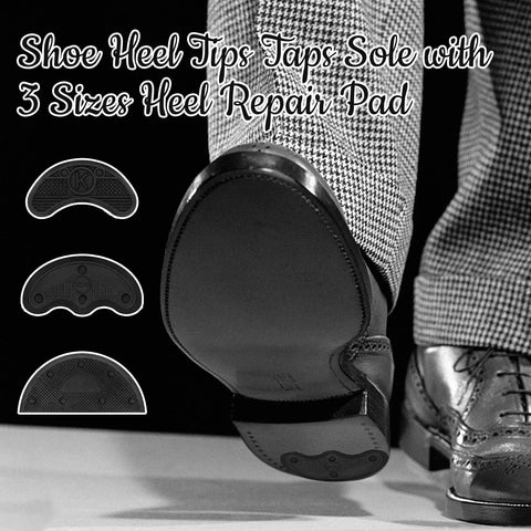 24 Pairs Shoe Heel Taps Replacement Kit With Nails, Includes 3 Sizes Of Heel Plates For Boots And Shoes, shown installed on sole.