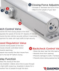 Rock Solid Heavy Duty Commercial Door Closer Automatic Self Closing Hardware For High Traffic Buildings Smooth As Butter Hydraulic Soft Close Damper In Sleek Silver with control features and specifications displayed.
