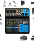 Five Channel Mini DJ Mixer With Bluetooth And USB Playback, Phantom Power, MP3 Stereo Input Output, connectors and controls