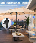 13Ft Outdoor Patio Umbrella With Double Sided Fade Resistant Canopy Beige Shade For Deck Backyard Or Market Use Large Table Umbrella To Cover 2 To 6 Seats Sturdy 38Mm Aluminum Pole No Base Included on a patio with a handle mechanism display