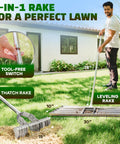 Man using Lawn Leveling Rake 30 Inch Pro Grade Heavy Duty Stainless Steel Ground Leveler For Yard Sand Soil Grass Dirt Leveler Tool