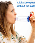 Adult using Kid And Adult Friendly Inhaler Spacer Kit With Two Masks For Easy Aerosol Delivery From Metered Dose Inhalers OTC Spacer
