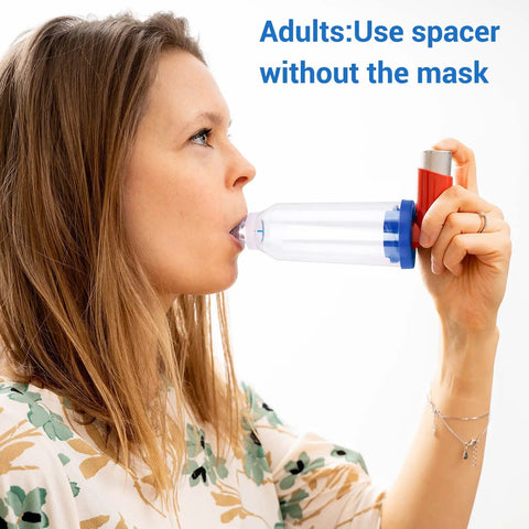 Adult using Kid And Adult Friendly Inhaler Spacer Kit With Two Masks For Easy Aerosol Delivery From Metered Dose Inhalers OTC Spacer