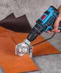 Person using a stainless steel drill attachment for sheet metal cutting and DIY craft projects, converting a drill into a metal cutter.