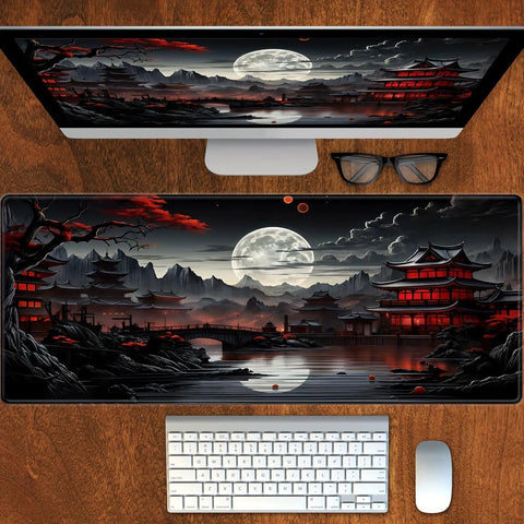 Full Moon Beefy Large Desk Pad For Gaming Setup Extended Mouse Pad with Non Slip Rubber Base Black and Red 11.8 by 31.5 inches