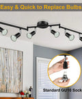 6 Light LED Track Lighting Kit With Flex Rotatable Heads Black Ceiling Spotlight visible on ceiling, GU10 bulb replacement inset.