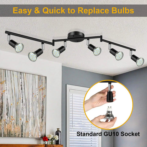 6 Light LED Track Lighting Kit With Flex Rotatable Heads Black Ceiling Spotlight visible on ceiling, GU10 bulb replacement inset.