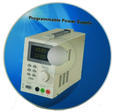Programmable DC Power Supply 0-30V 0-5A with dual displays, coarse and fine adjustment, pictured on blue background