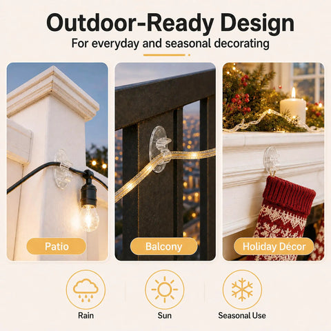 Heavy Duty Clear Adhesive Hooks For Outdoor String Lights, Weatherproof Self Adhesive Clips Deliver Killer Grip, 20 Pack Hangs Legit Tight On Wood Vinyl Siding And Gutters Even When Wet Weather Hits