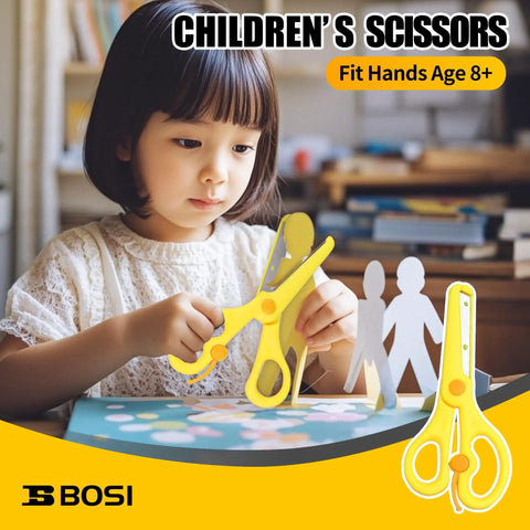 Child using yellow children's scissors for crafts on a table, fit for ages 8+, with paper cutouts visible.