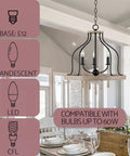 Three-Light Farmhouse Pendant Chandelier With Hanging Wood Accents In Light Oak And Black Finish 23-Inch Ceiling Light.