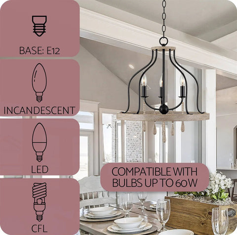 Three-Light Farmhouse Pendant Chandelier With Hanging Wood Accents In Light Oak And Black Finish 23-Inch Ceiling Light.