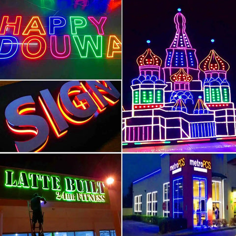Lit RGB Window Lights For Storefronts 12V Waterproof LED Modules, 100ft Color Changing Strip For Advertising Signs in use