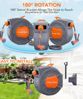 Retractable Garden Hose Reel 1/2 Inch By 72 Feet Wall Mounted With 9 Function Sprayer shown with 180-degree swivel feature