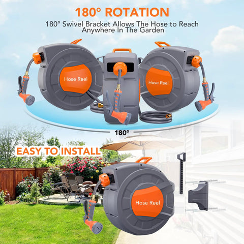 Retractable Garden Hose Reel 1/2 Inch By 72 Feet Wall Mounted With 9 Function Sprayer shown with 180-degree swivel feature