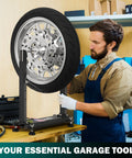 Heavy Duty Motorcycle Wheel Balance Stand For Static And Dynamic Tire Alignment Fits 12 Inch And Larger Wheels in use