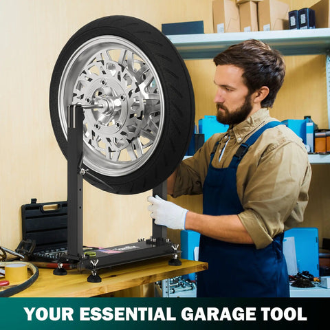 Heavy Duty Motorcycle Wheel Balance Stand For Static And Dynamic Tire Alignment Fits 12 Inch And Larger Wheels in use