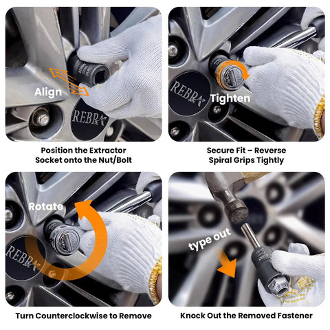 Badass 9 Piece Bolt Extractor Set With Center Punch Bar 1/2 Inch Drive Impact Sockets shown in use for removing stubborn rounded bolts.
