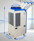 Heavy Duty Portable Spot Cooler With Twenty Two Thousand BTU Industrial Air Conditioner dimensions and features in warehouse setting.