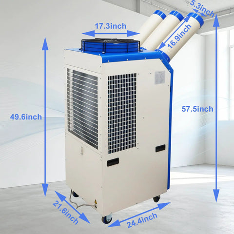 Heavy Duty Portable Spot Cooler With Twenty Two Thousand BTU Industrial Air Conditioner dimensions and features in warehouse setting.