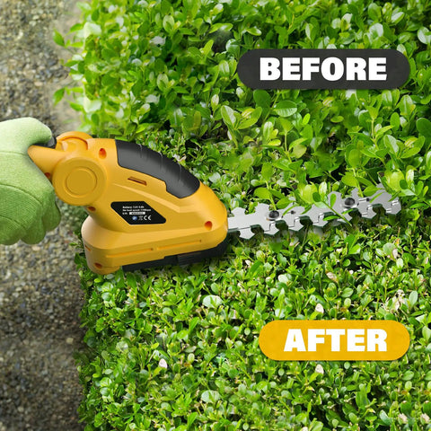 Cordless Hedge Trimmer And Grass Shears 2 In 1 Electric Handheld Shrub Trimmer trimming hedge with before and after results