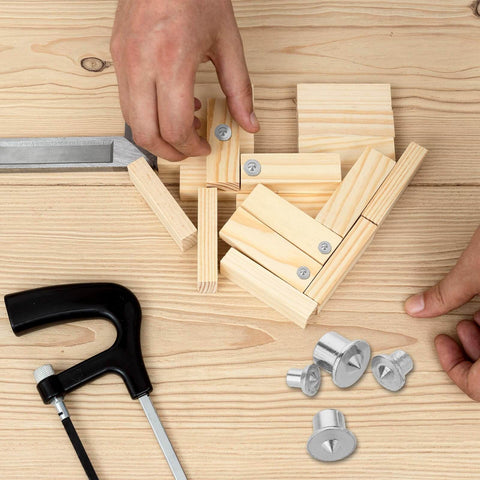 Dowel And Tenon Transfer Plugs Set For Woodworking 20 Pcs Doweling Centering Pins with wood pieces and tools on a table
