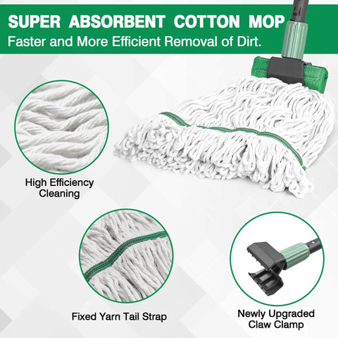 Heavy Duty Mop With Extended Reach Handle A Heavy Lifter For Knocking Out Sticky Spills And Greasy Workshop Floors Without Breaking A Sweat, featuring a super absorbent cotton head.