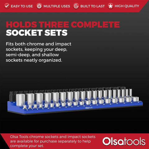 Magnetic Socket Organizer For Three Eighths Inch Drive, Three Row Holder That Keeps 54 Metric Sockets Neat, Blue Tool Box Organizer