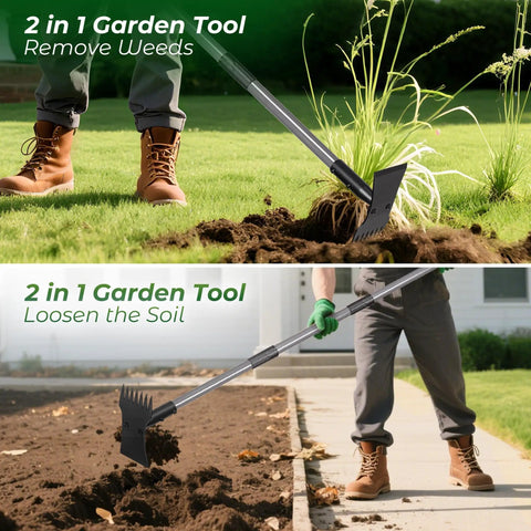Two In One Weed Puller And Garden Hoe With Long Handle For Easy Weeding Heavy Duty Cast Steel Head And Stainless Shaft For Deep Root Dandelions And Crabgrass No Tool Switching Yard Tool used to lift weeds and loosen soil