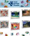Collection of jigsaw puzzles featuring various themes including seashells, a beach scene, and Machu Picchu by Twin Springs Puzzles.