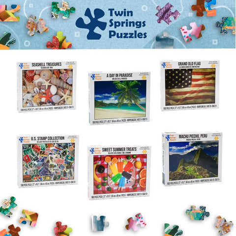 Collection of jigsaw puzzles featuring various themes including seashells, a beach scene, and Machu Picchu by Twin Springs Puzzles.