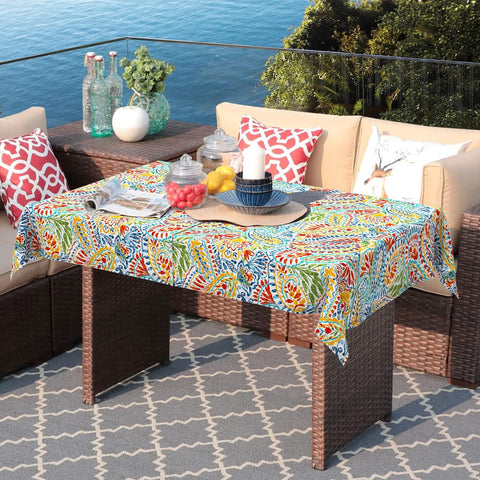Outdoor Rectangle Tablecloth With Umbrella Hole And Zipper Water Repellent And Fade Resistant 60 By 84 Inch Paisley Multi Oblong Table Cover For All Weather Patio Dining on outdoor table with wicker furniture.