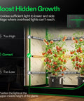 Lumaray Four Bar LED Grow Light Bars 16 Inch Full Spectrum Side Lighting in use inside a grow tent on plants.