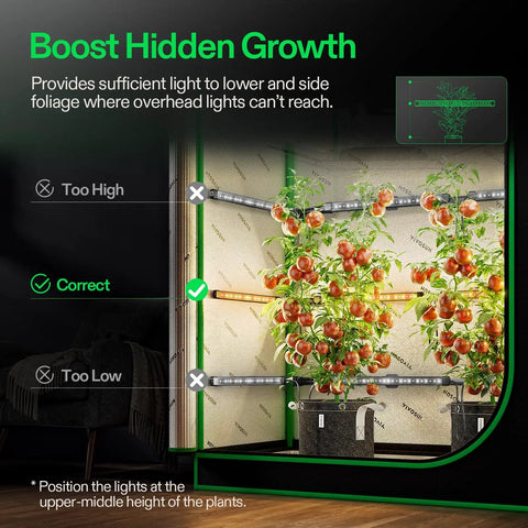 Lumaray Four Bar LED Grow Light Bars 16 Inch Full Spectrum Side Lighting in use inside a grow tent on plants.