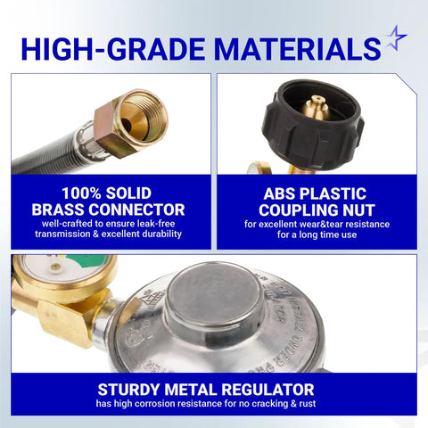 CSA Certified Propane Hose Regulator With Gauge, Three Eighths Inch Female Flare Nut, Low Pressure, showing high-grade materials