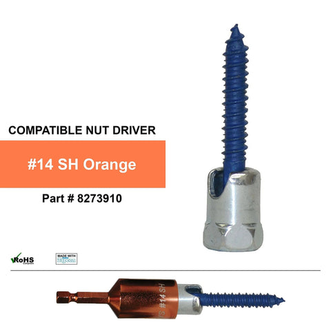 Three Eighths Inch Screw Swivel Threaded Rod Anchor For Wood Installs At Forty Five Degree Tilt From Vertical Blue Climaseal Finish No Predrilling Required Pack Of Twenty Five, close-up view with compatible nut driver.