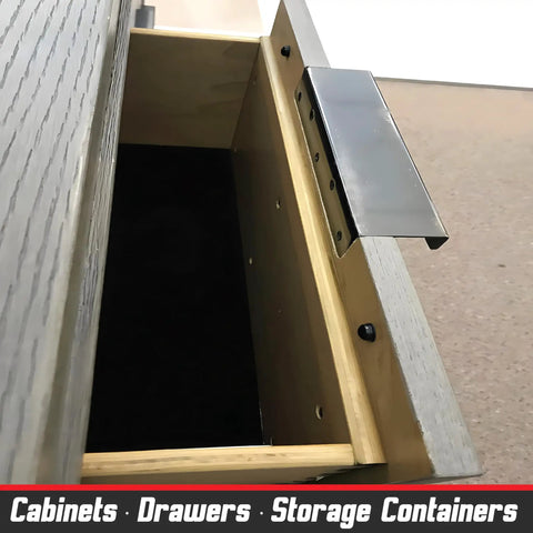 Open wooden drawer fitted with Bumper And Rubber Feet 82 Piece Combo Pack Black Stick On Self Adhesive 5 Bumper Shapes.