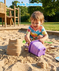 Child playing with purple bucket in sand, Three Pack Collapsible Beach Buckets For Kids And Toddlers, Foldable Sand Toys in park sandbox