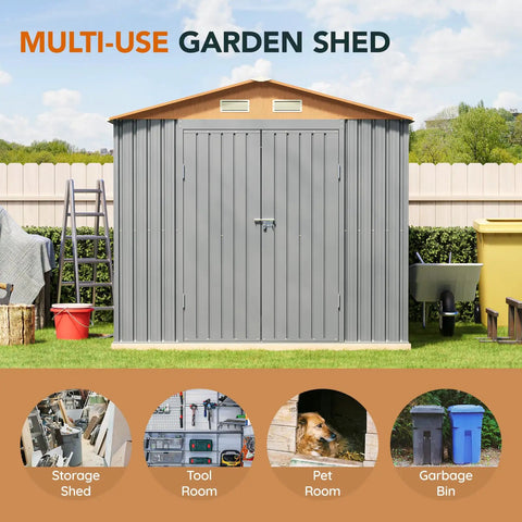 Durable 10 By 8 Ft Metal Storage Shed With Floor Frame Lockable Doors Vent Panels And Window Matte Gray Finish in garden